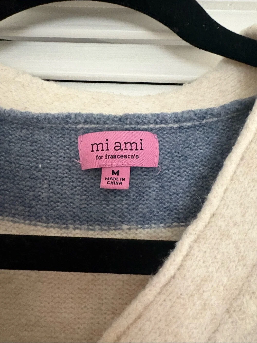 miami Blue and Cream Striped V-Neck Sweater with Button Placket